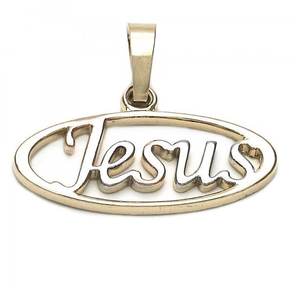 an oval pendant spells Jesus inside an oval shape